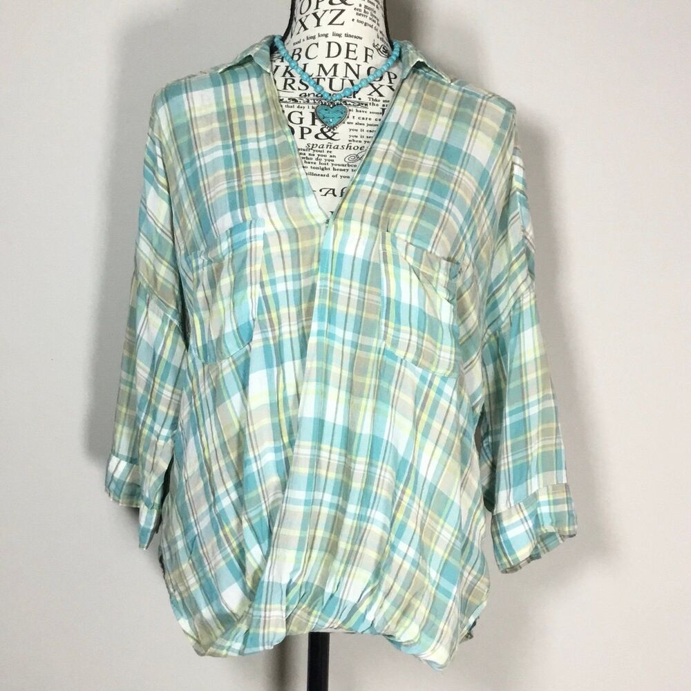 Holding Horses green plaid blouse wrap front 1/2 sleeve western country sz M